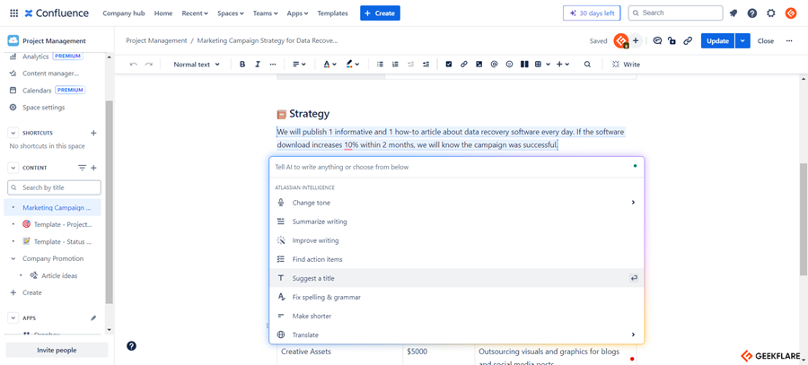 Confluence AI Writing Improvement