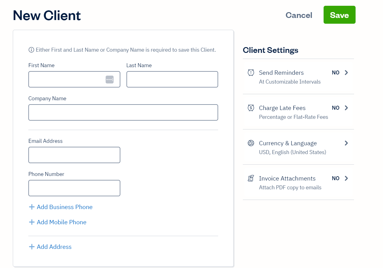 Creating a new client in FreshBooks