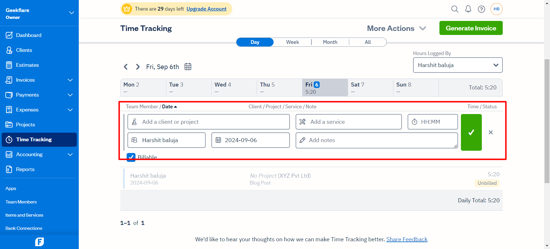 FreshBooks Time tracking feature