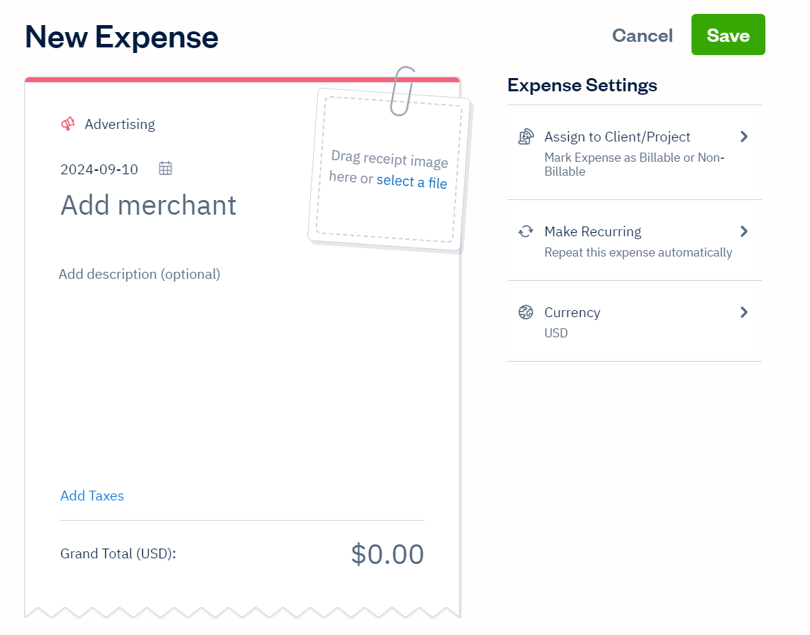 expense managenent in FreshBooks