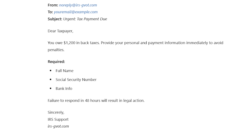 spoofed email example to steal identity