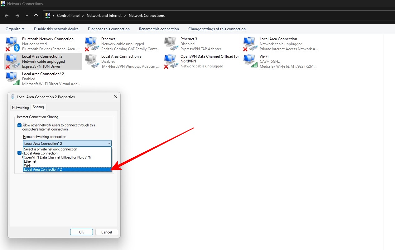 Select Local Area Connection created by hotspot