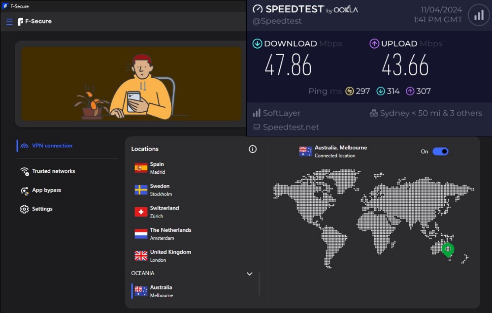 F Secure Speed test result on distant servers