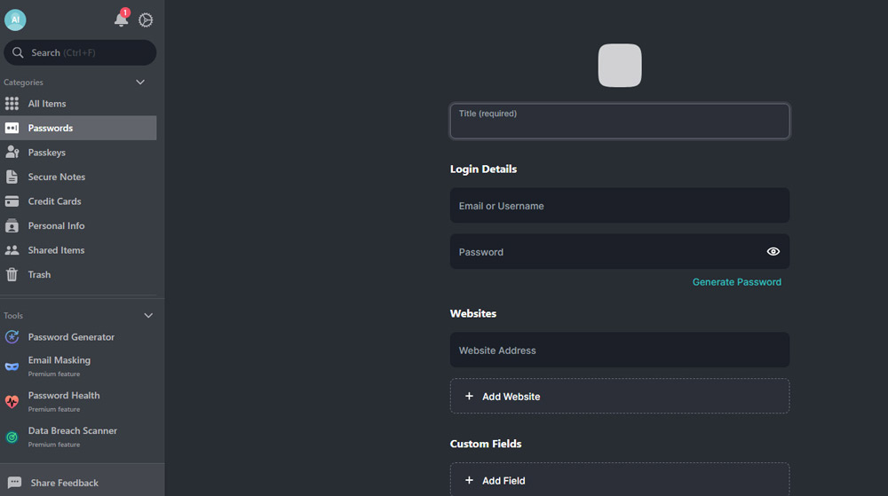 NordPass Password menu