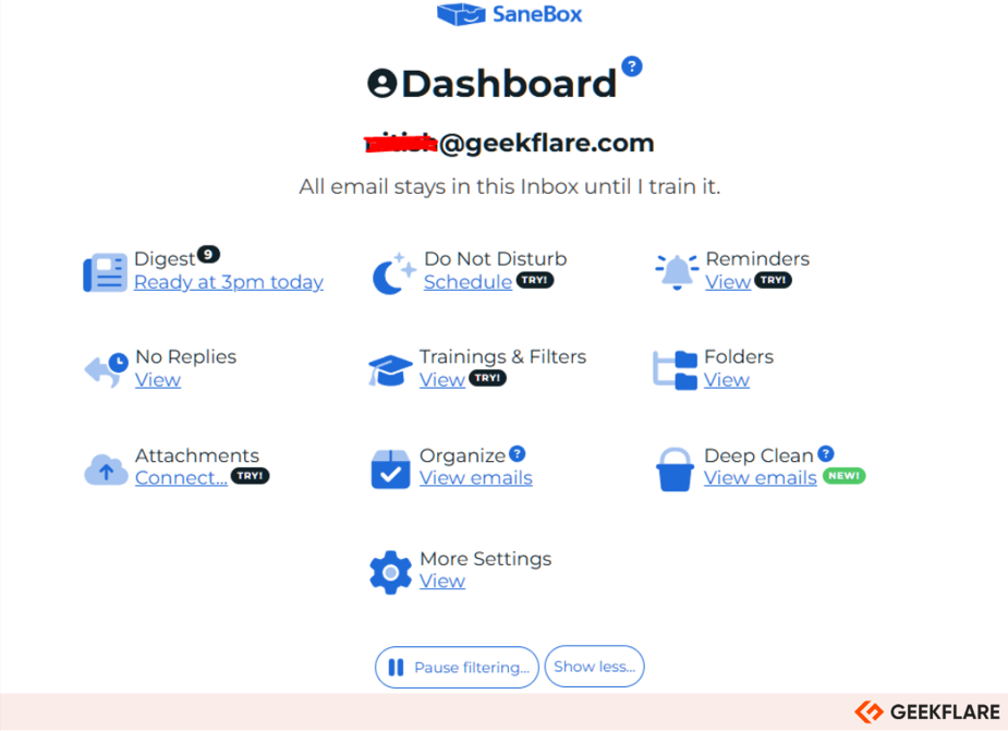 SaneBox dashboard