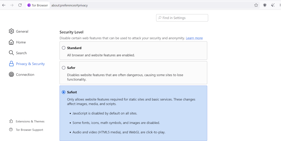 Tor Browser Security Settings