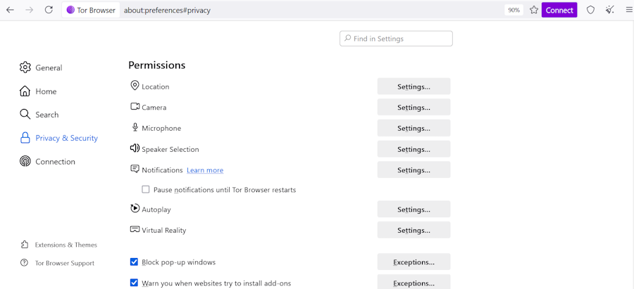 Tor Privacy Settings