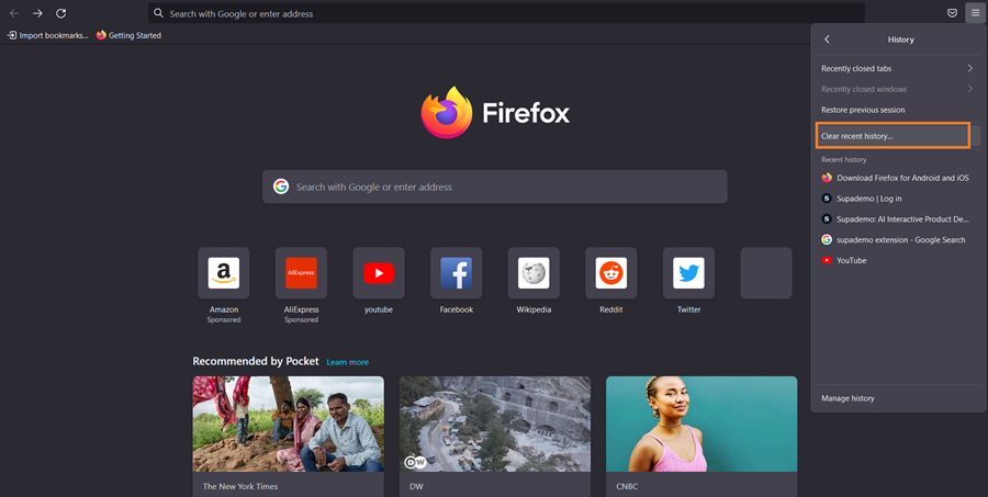 clear recent history firefox