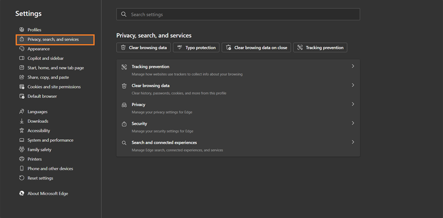 click on privacy, search and services edge