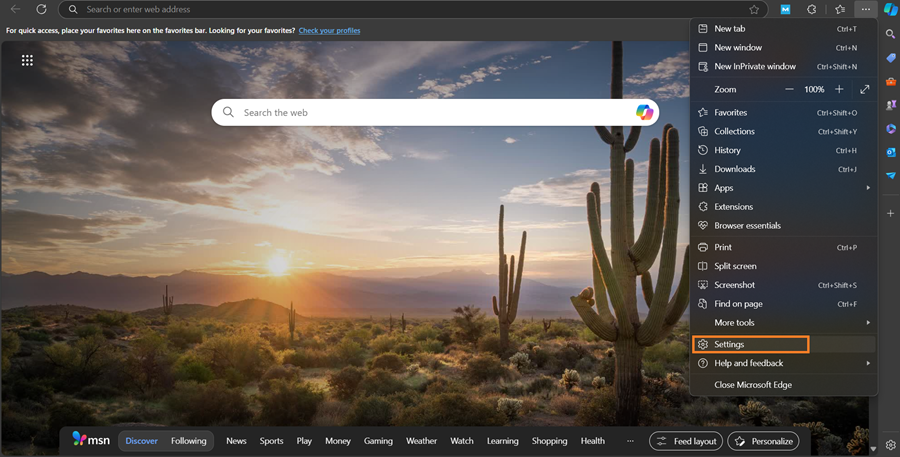 go to settings in a edge browser