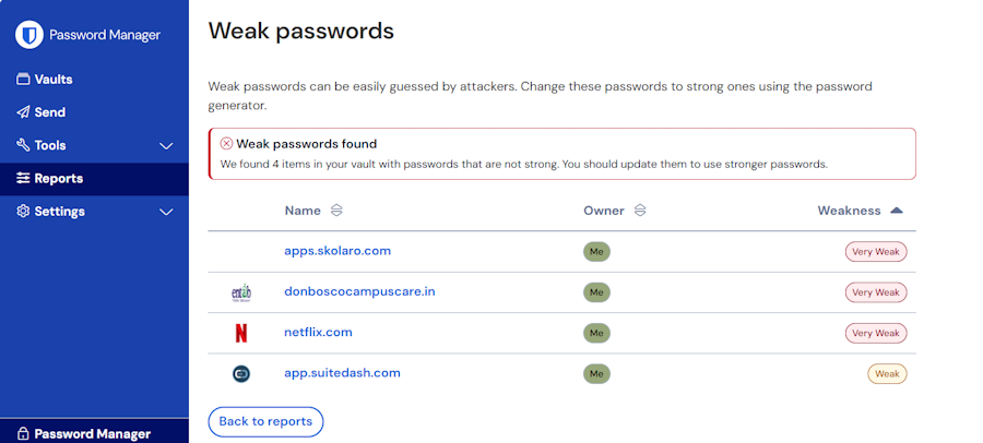 Bitwarden Weak Passwords Report