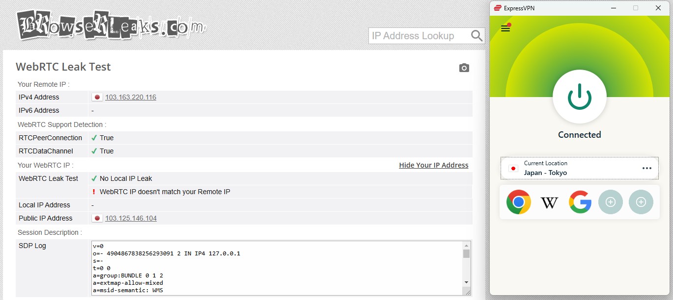 ExpressVPN passes WebRTC Leak Test