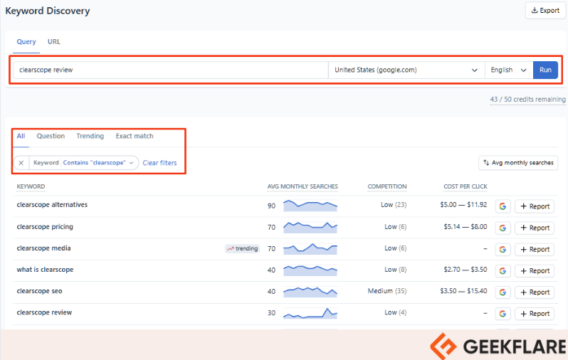 clearscope filtered view discovery tool