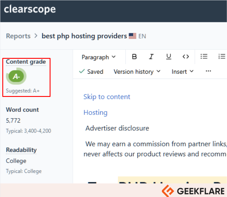 clearscope php article grading