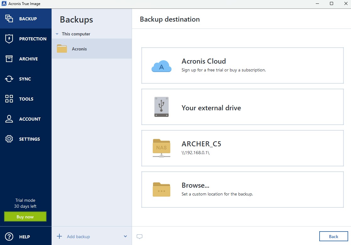 Acronis True Image Backup Destination