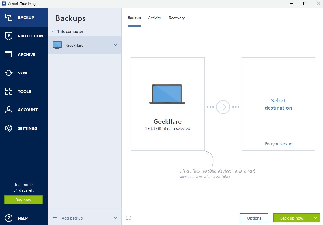 Acronis True Image Interface