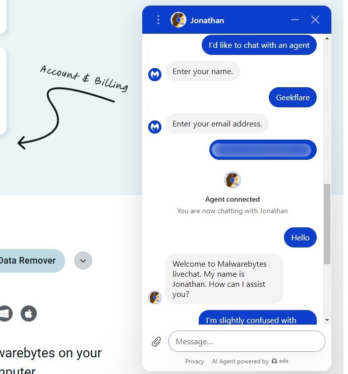 Malwarebytes live chat