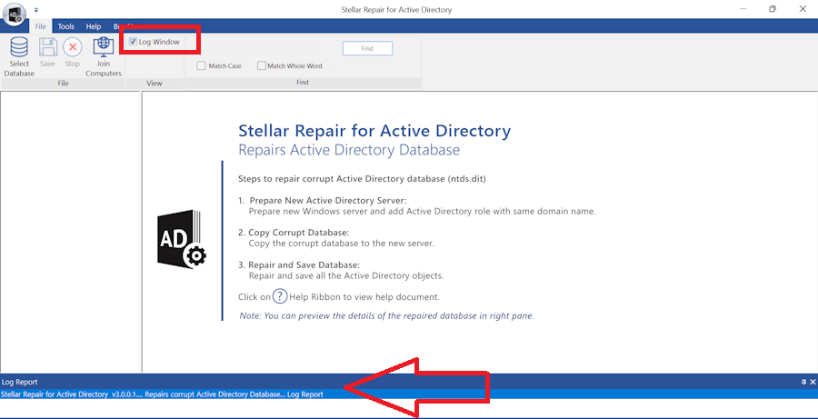 Showing Log report in Stellar Active Directory Repair Dashboard