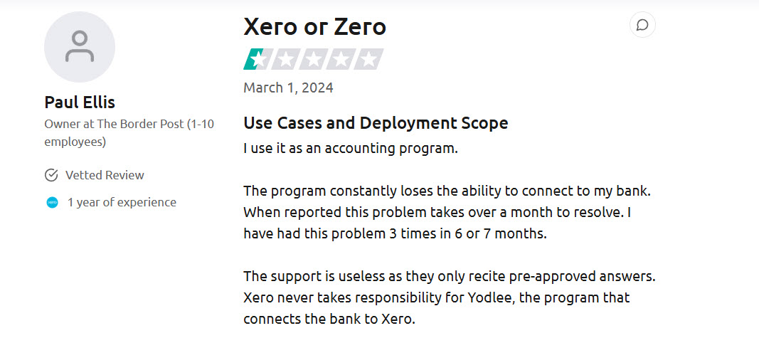 Xero negative review TrustRadius