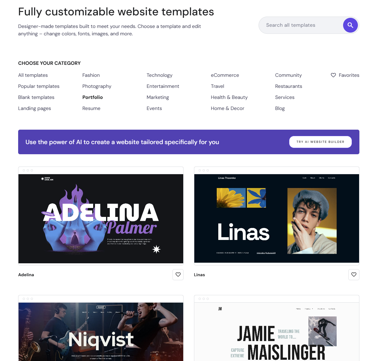 porfolio templates hostinger website builder