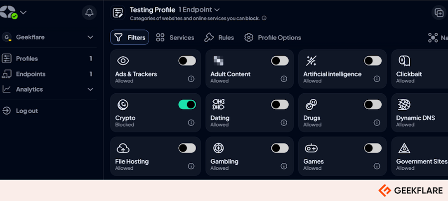 Control D dashboard showing Crypto filter turned on