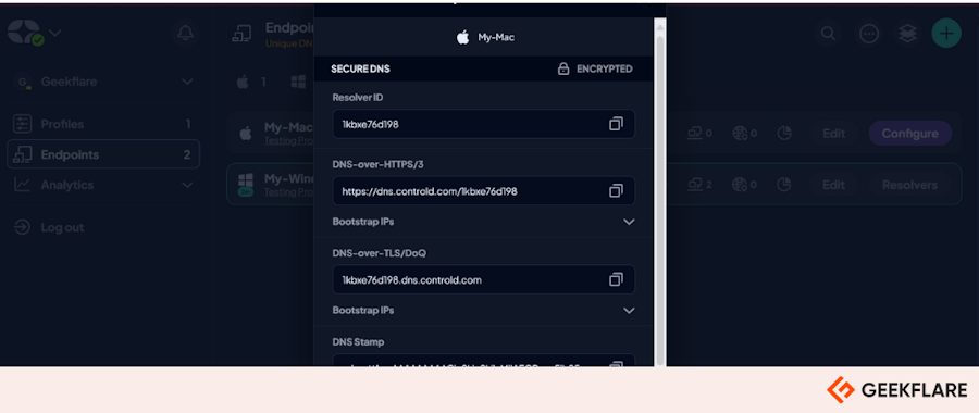 Control D showing DoH and DoT for DNS encryption