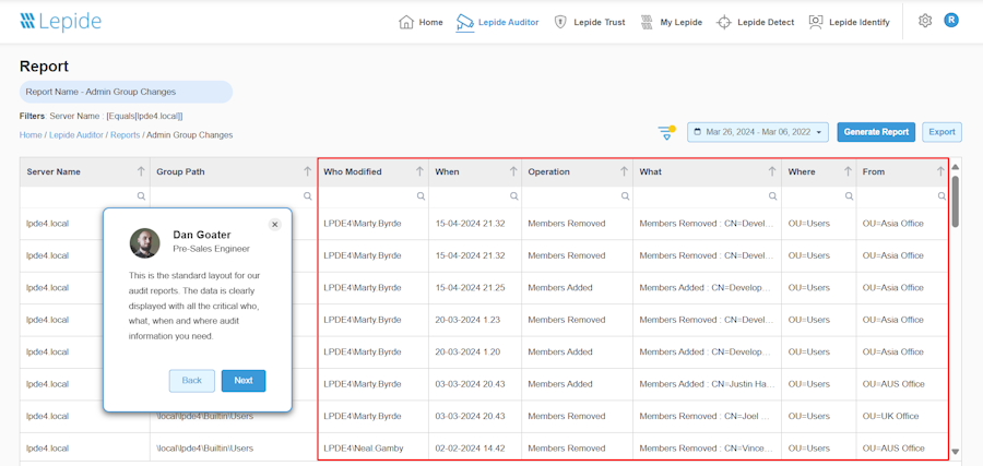 Lepide Audit Report from Virtual Demo Screenshot