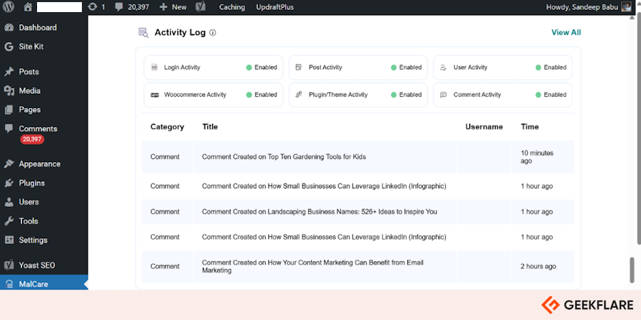 MalCare dashboard showing activity logs