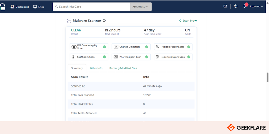 MalCare dashboard showing malware scanner