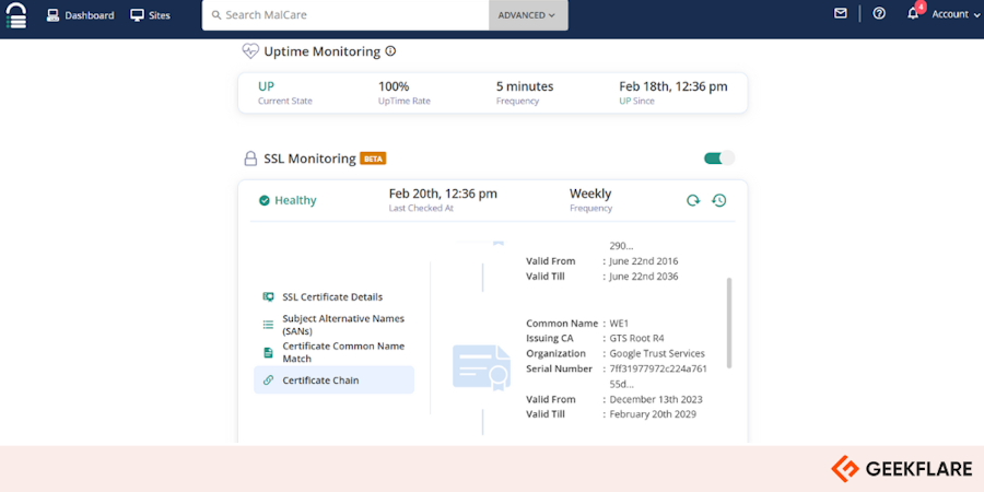 MalCare dashboard showing uptime monitoring and SSL monitoring