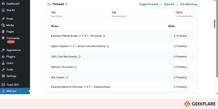 MalCare firewall showing live action