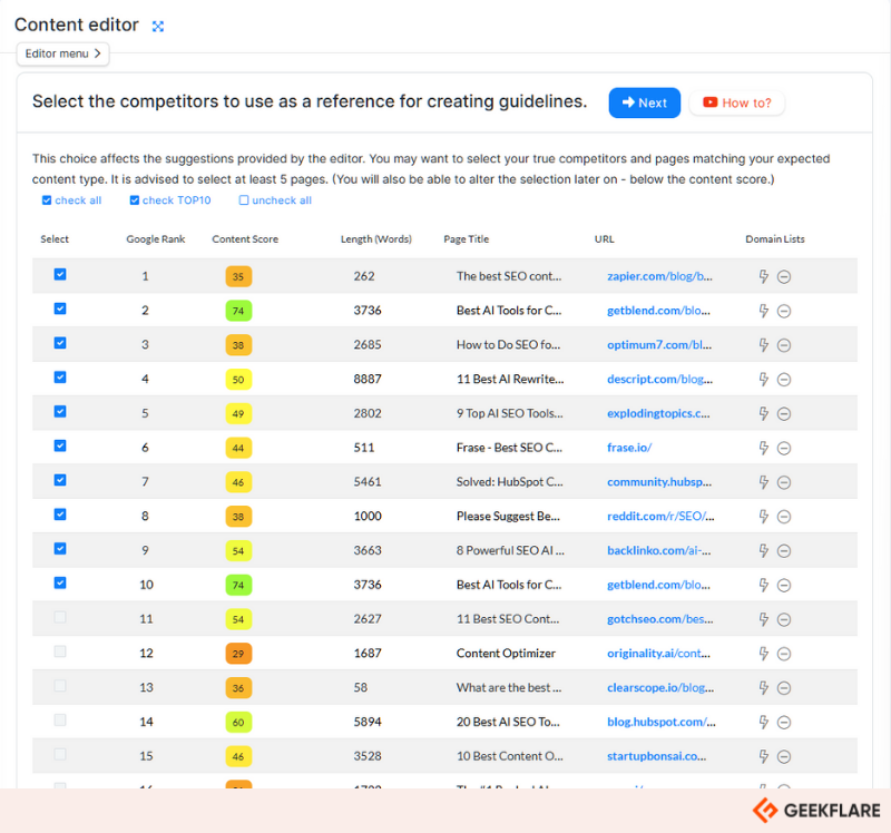 Neuronwriter competitor selector