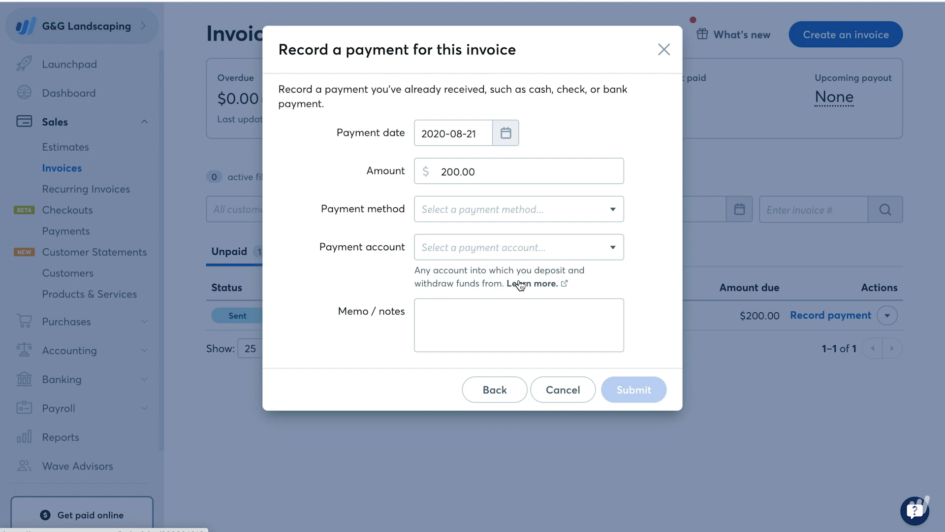 Record invoice payment in Wave