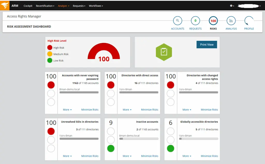 SolarWinds Access Rights Manager Risk Assesment Dashboard