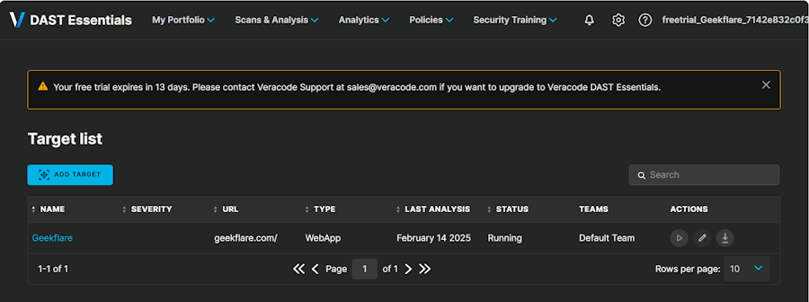 Veracode DAST Free Trial Dashboard