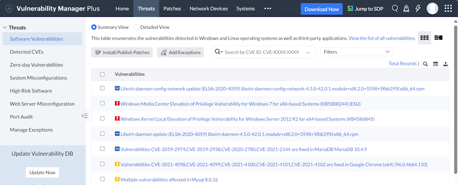 Vulnerability Manager Plus Dashboard Showing Software Vulnerabilities