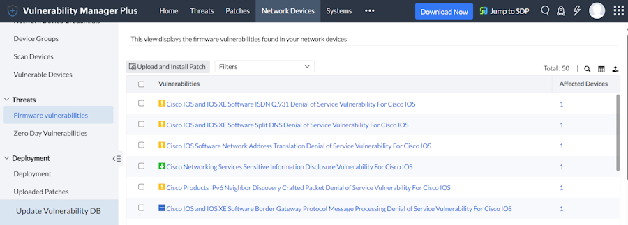 Vulnerability Manager Plus Dashboard Showing Vulnerabilities in Firmware