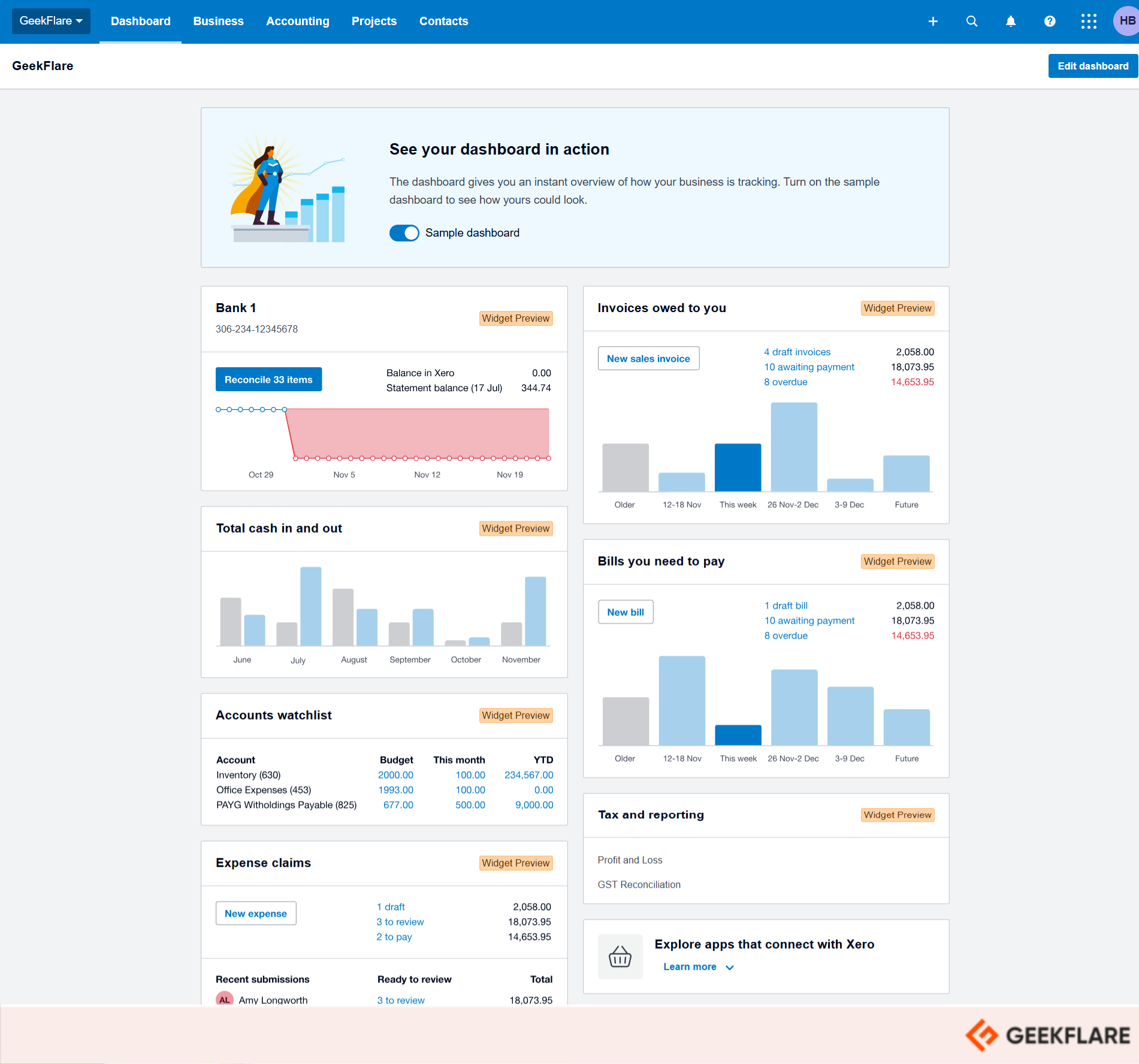 Xero accounts dashboard