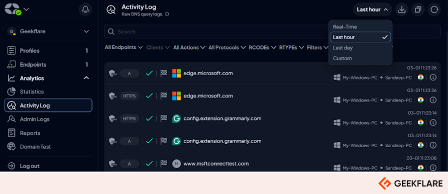 Control D GUI showing activity logs