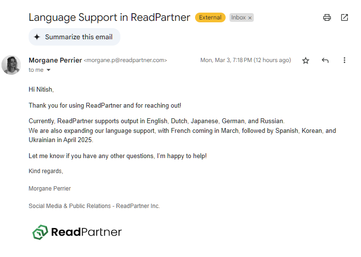 ReadPartner reply email language support