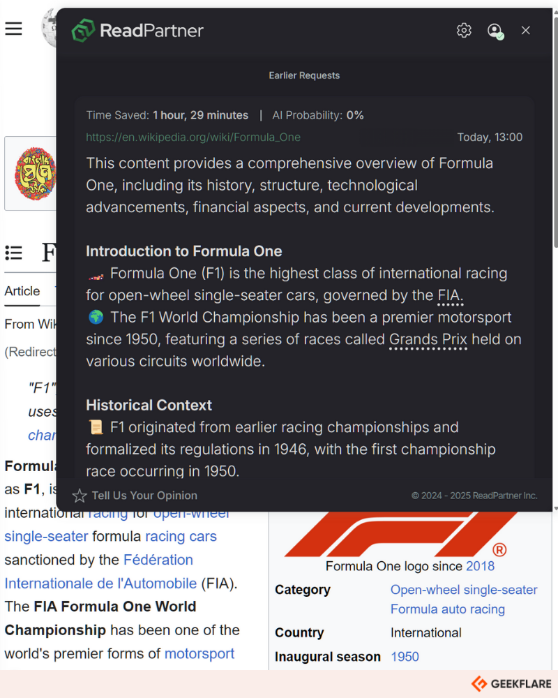 ReadPartner summary f1 wiki chrome plugin