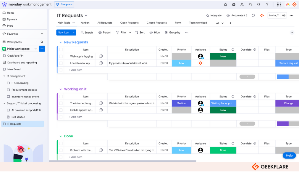 monday.com IT service desk project template