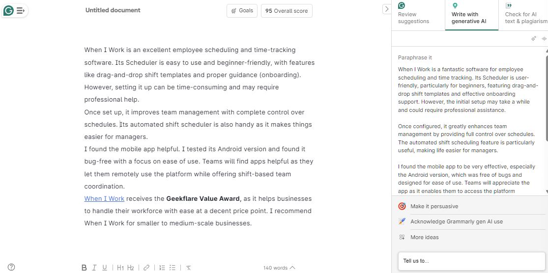 Grammarly AI paraphasing