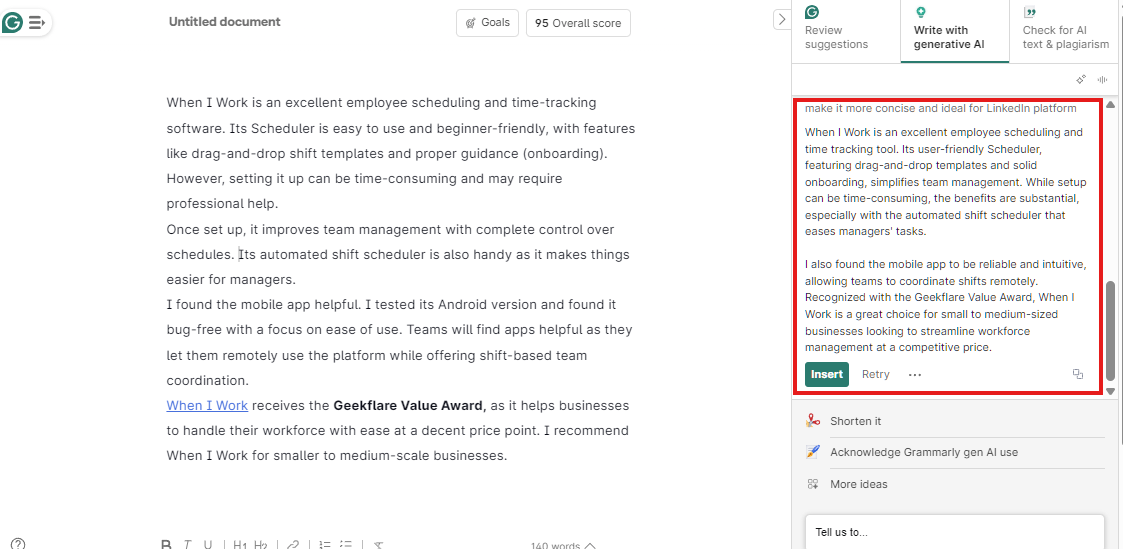 Grammarly AI use concise LinkedIn platform