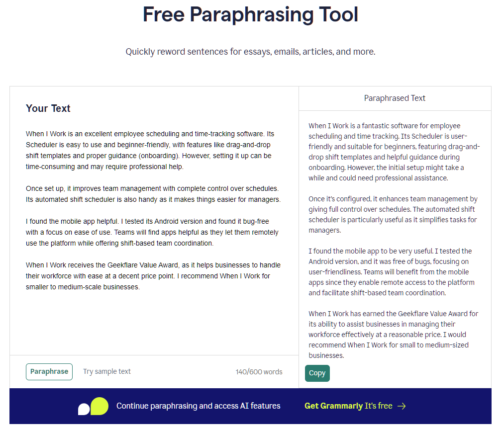 Grammarly paraprashing tool