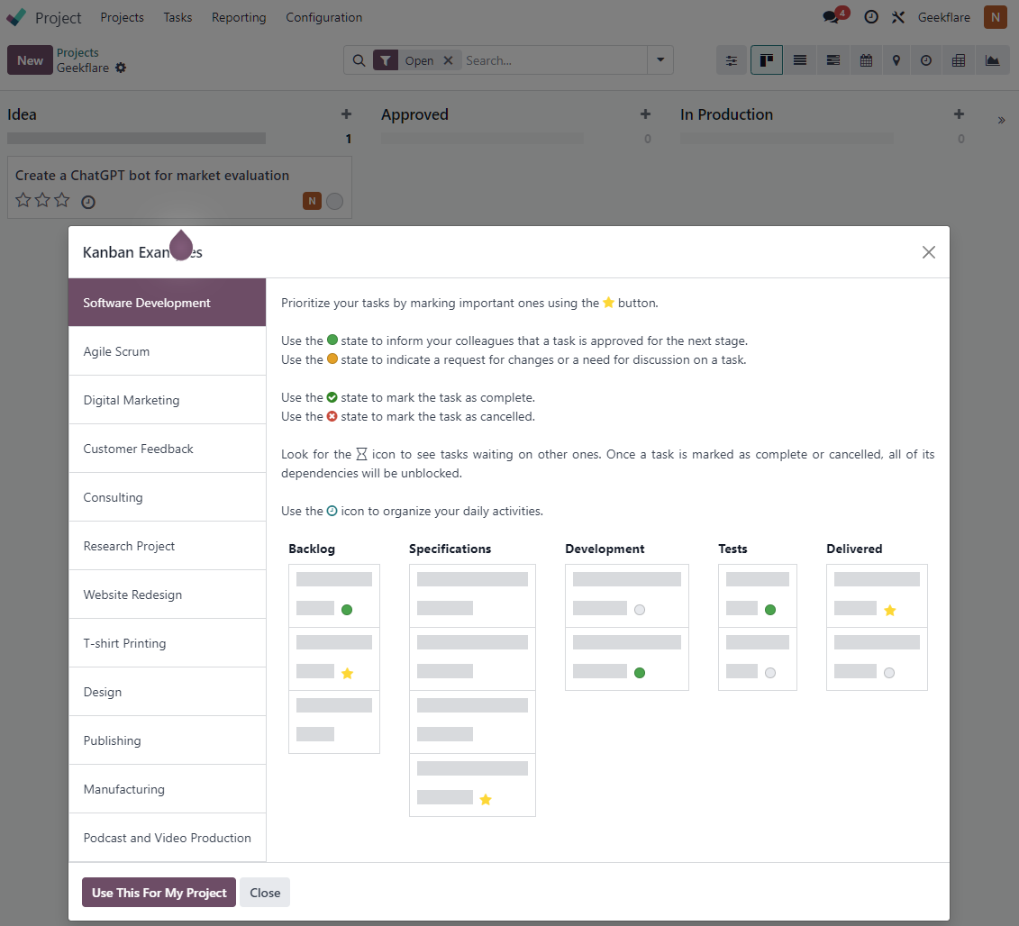 Odoo project management kanban