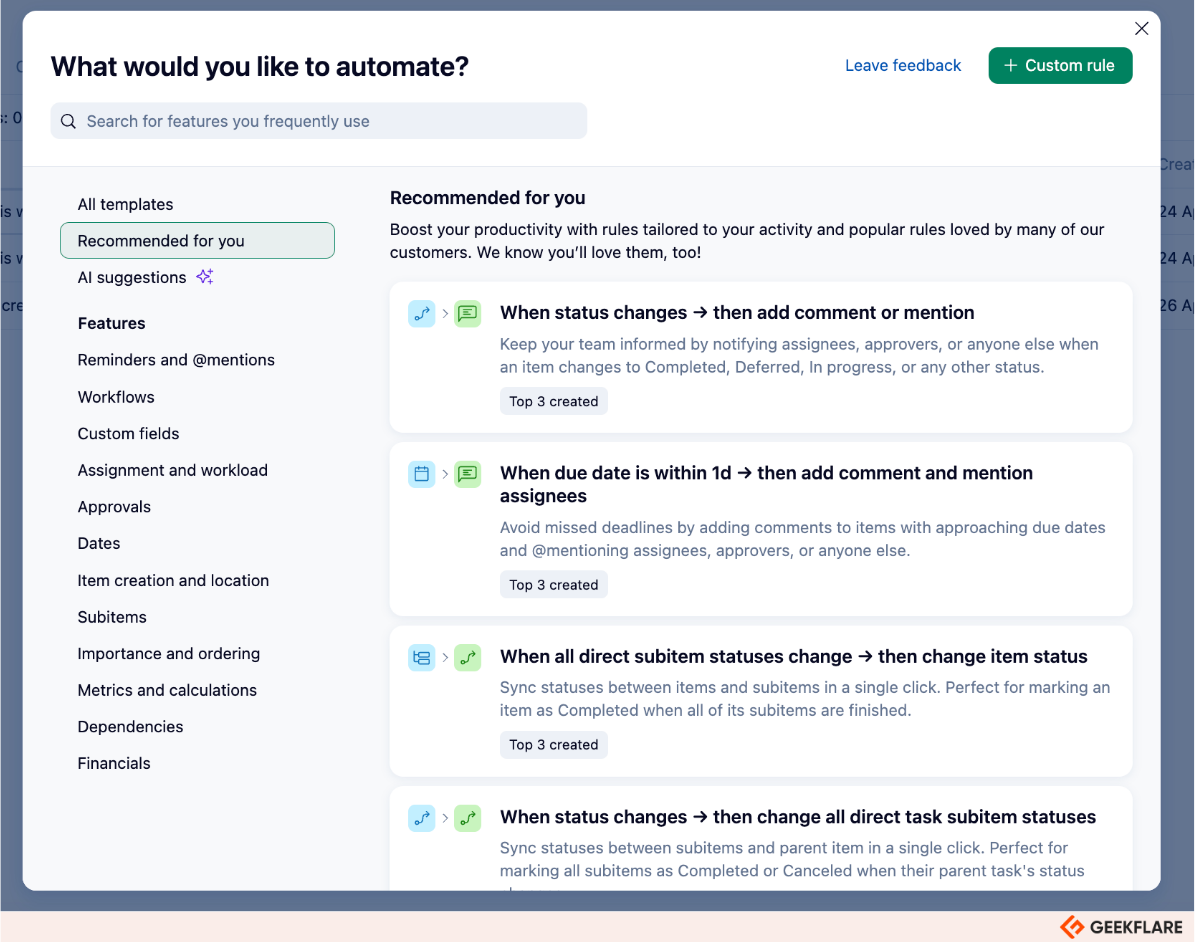 Wrike's automation recipes