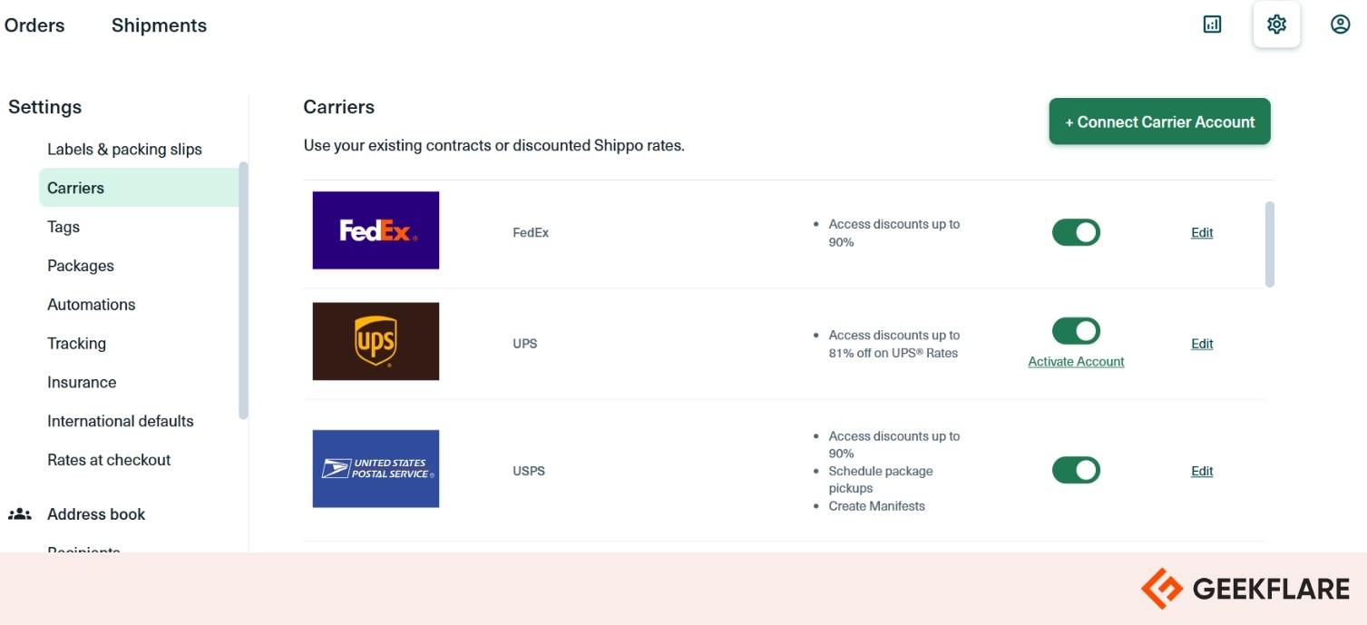 Connect to Shipping Carriers