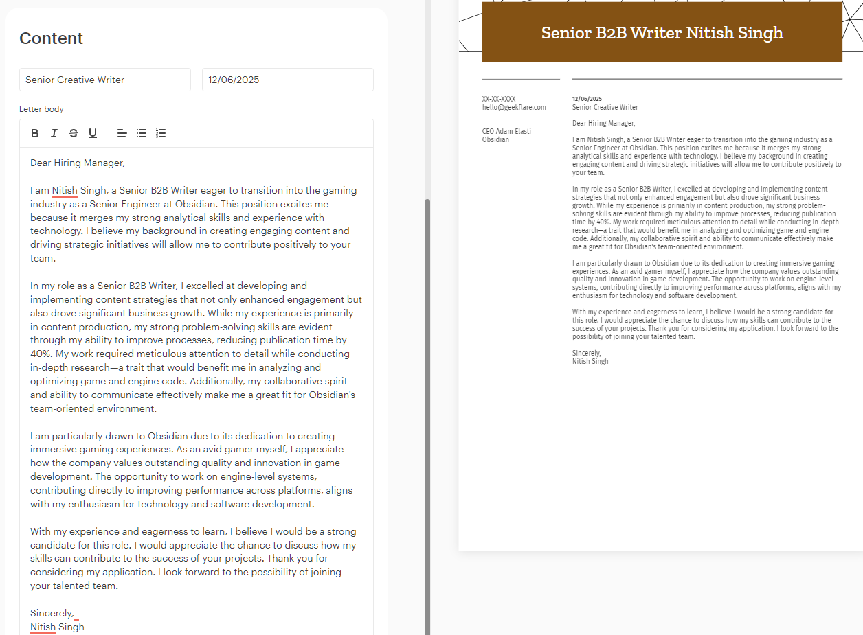 Kickresume Ai generated cover letter