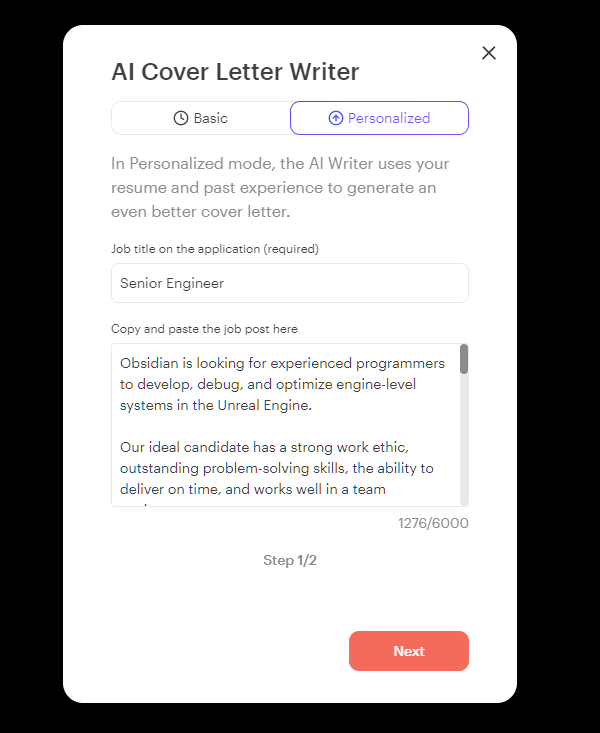 Kickresume Cover letter AI builder